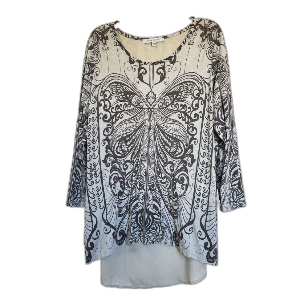 Rose + Olive L 3/4 Sleeve Layered Look Tunic Top Butterfly Back Open Light Blue
